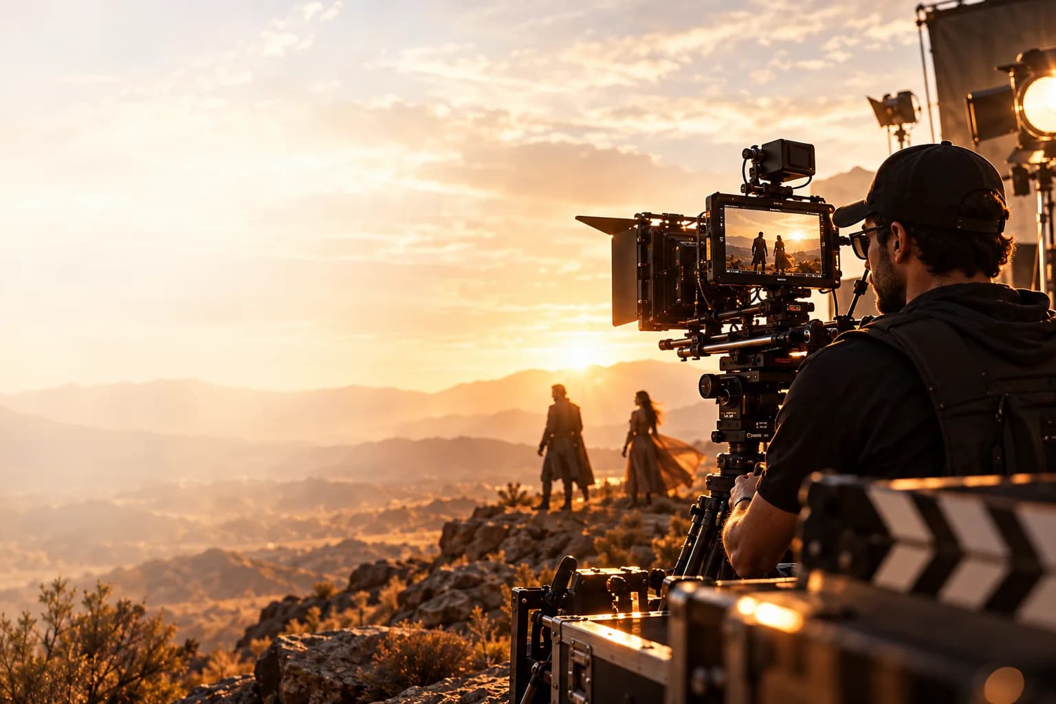 Camera operator filming a scene at golden hour